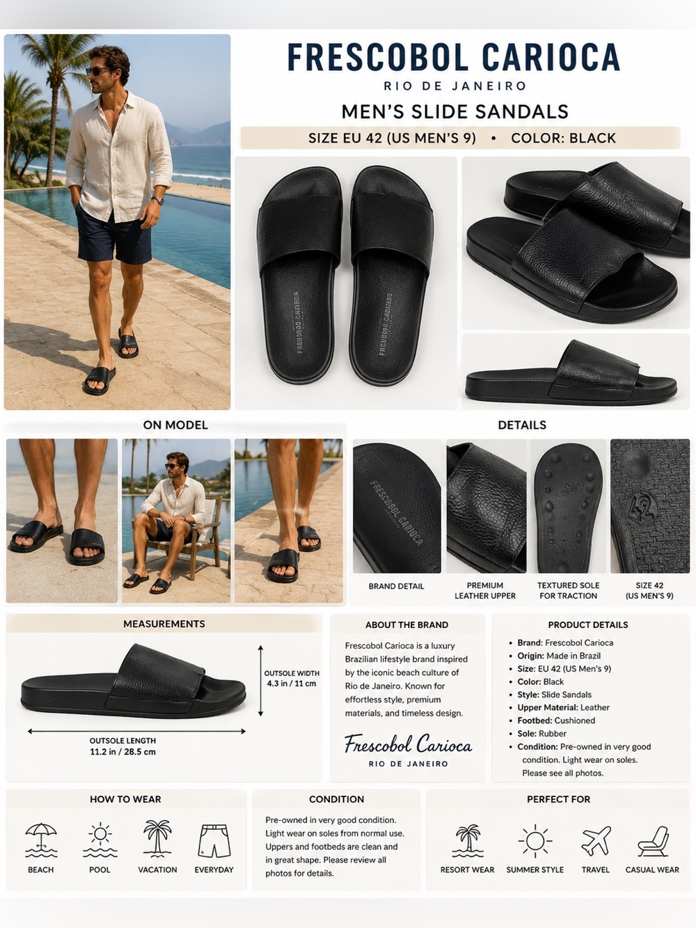 Frescobol Carioca Black Slide Sandals Men's EU 42 US 9 Rio de Janeiro Resort